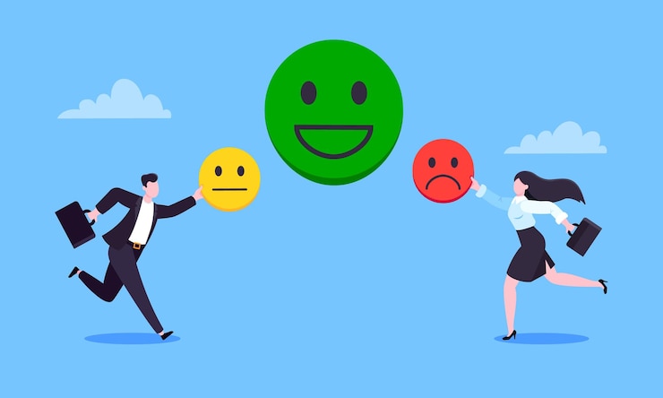 Vettore benessere dei dipendenti e emozioni positive atteggiamento concetto di business illustrazione vettoriale di stile piatto