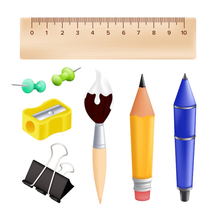 Vettore bentornati a scuola: oggetti con matita, righello, penna, temperamatite, puntina, graffetta, pennello. illustrazione con oggetti educativi realistici isolati su sfondo bianco