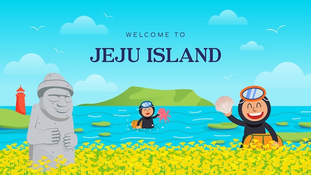 Benvenuti al poster dell'isola di Jeju Destinazione di viaggio per l'illustrazione vettoriale