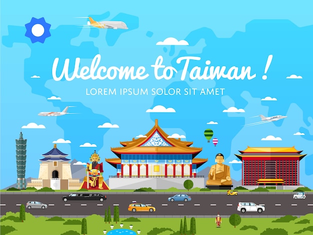 Benvenuti al poster di Taiwan con famose attrazioni