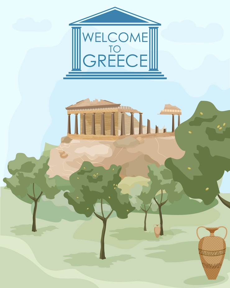 Vettore benvenuti in grecia. attrazioni architettoniche greche
