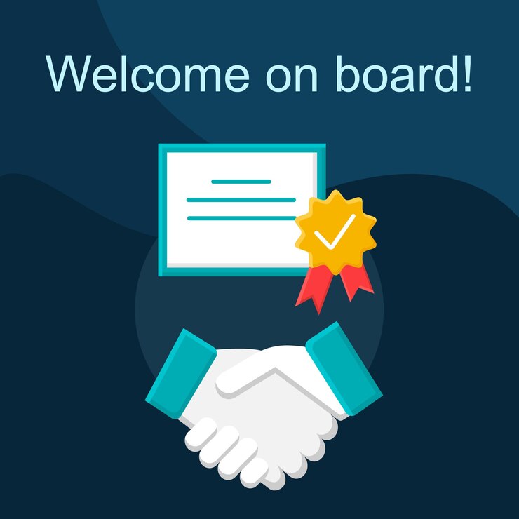Vettore benvenuto a bordo dell'icona di vettore di concetto piatto. set di illustrazioni a colori dei cartoni animati per un'idea di affare di successo. accordo di partnership. stretta di mano. ottieni lavoro, laurea, certificato. elemento di design grafico isolato