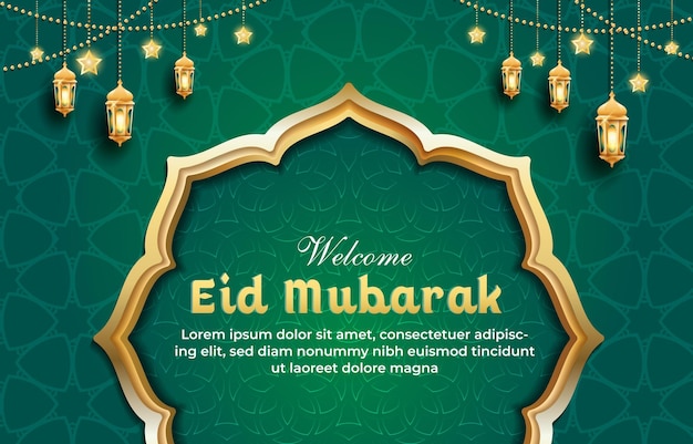 benvenuto eid mubarak modello banner con bellissimo ornamento islamico con background verde design 95