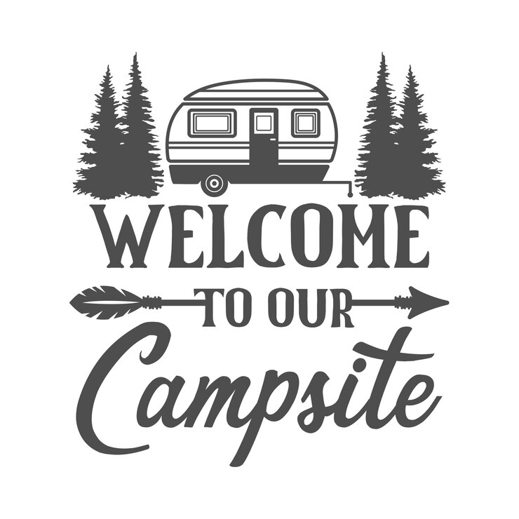 Vettore benvenuto nella nostra iscrizione motivazionale dello slogan del campeggio illustrazione di citazioni di vettore del campeggio