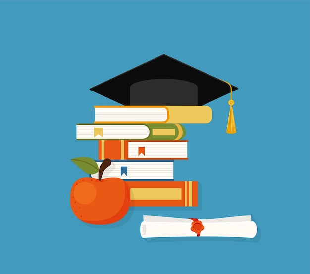 Berretto da mortaio su pile di libri di testo e pergamena di diploma