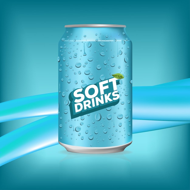 Bevanda analcolica al gusto di limone con sfondo bianco scatola di metallo blu e flussi