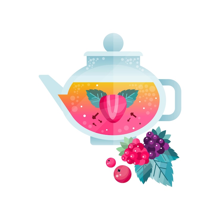 Vettore bevanda salutare di vitamina tè alla frutta con mirtillo rosso lampone mora fragola e menta in bollitore trasparente vettoriale illustrazione su sfondo bianco