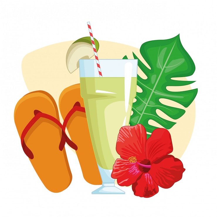 Vettore bevanda tropicale con sandali