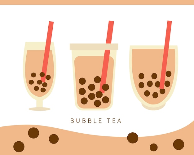 Bevanda vettoriale per tè a bolle di latte in stile piatto Tazza di tapioca per tè a bolle perla taiwan thai drink Set vettoriale