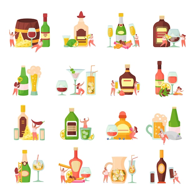 Bevande alcoliche cocktail con sciroppo di zucchero lime succo di limone rum vodka birra icone piatte impostare illustrazione vettoriale isolato