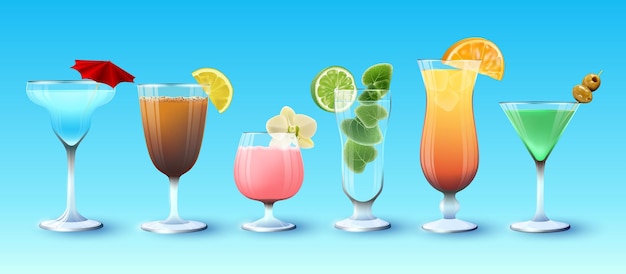 Bevande Cocktail estivi Illustrazione vettoriale astratta di un set di bicchieri di vetro con bevande estive