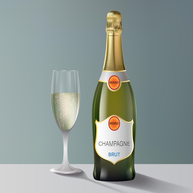 Bevande Una bottiglia e un bicchiere di champagne Illustrazione vettoriale astratta