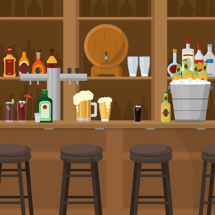 Vettore beve bottiglie e bicchieri all'interno del bar