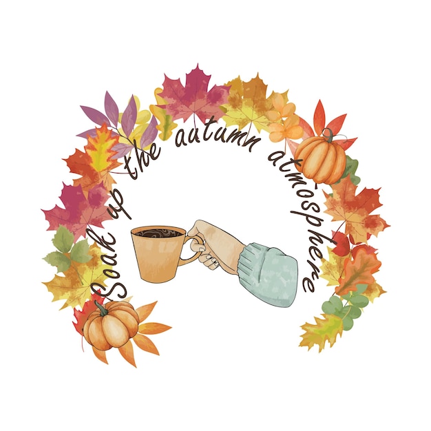 Bevi un caffè in autunno. Mano che tiene una tazza di caffè con uno sfondo decorato con foglie.