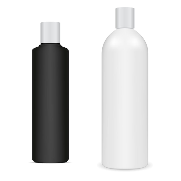 Bianco nero bottiglia di shampoo vuoto isolato in bianco. Pacchetto bellezza crema corpo. Modello di crema idratante doccia realistico. Cura dell'igiene, confezione di sapone da bagno
