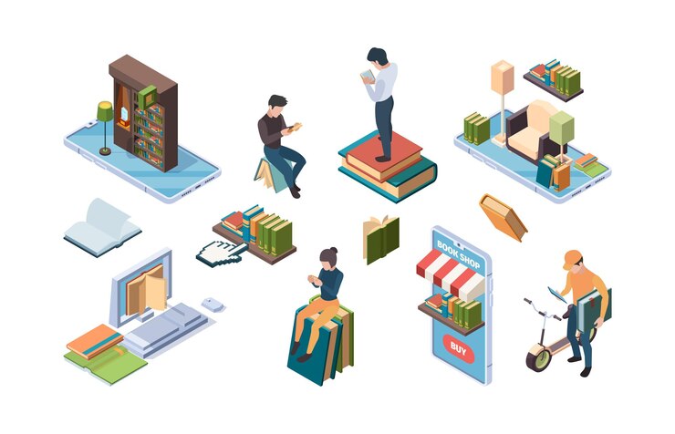 Vettore biblioteca in linea. libri isometrici persone che leggono le icone del concetto di istruzione del dizionario di internet sgargianti illustrazioni vettoriali. libreria di libri isometrica online, tecnologia online