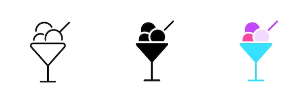 Bicchiere con palline di gelato Dessert caffè dolce ristorante street food cono gelato mangiare bella porzione Vector set icona in linea stili nero e colorato isolato su sfondo bianco