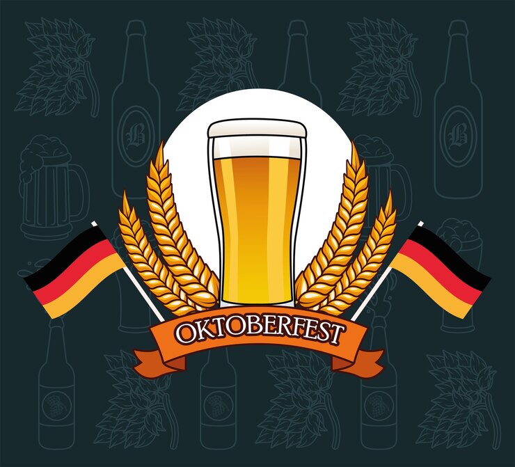 Vettore bicchiere da birra con design a ghirlanda di spighe di grano, festival e celebrazione dell'oktoberfest in germania