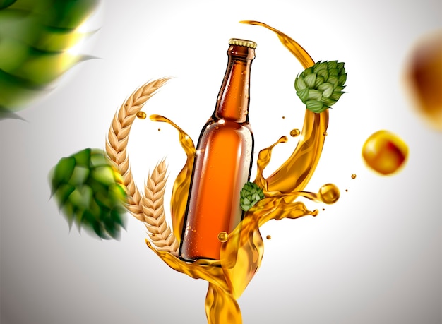 Bicchiere da birra con liquido e ingredienti che volano nell'aria