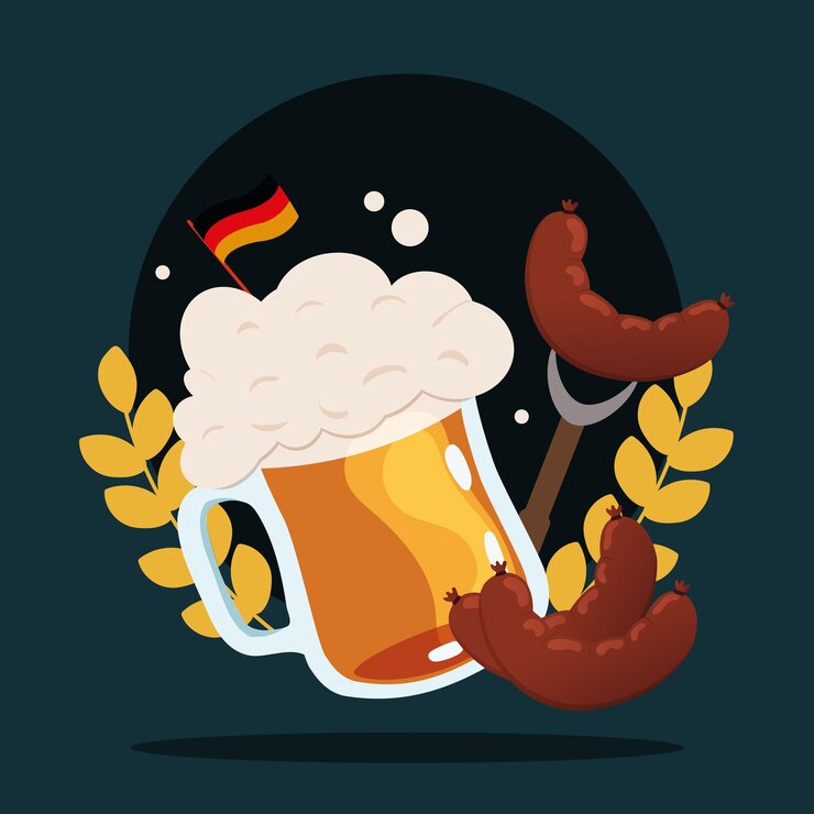 Vettore bicchiere di birra con schiuma salsicce poster dell'oktoberfest illustrazione vettoriale