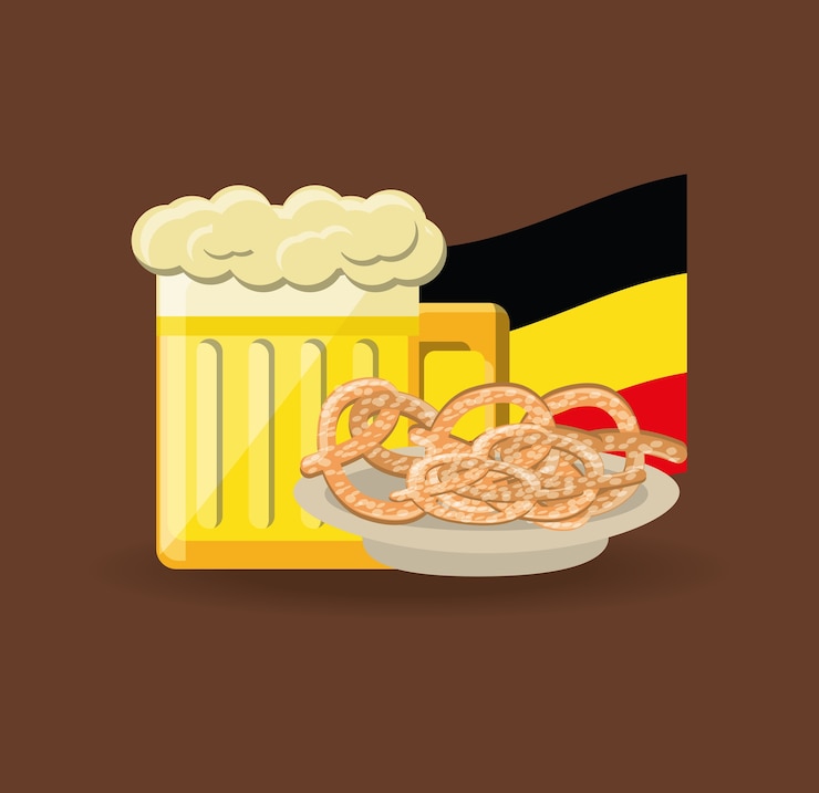 Vettore bicchiere di birra e ciambelline salate