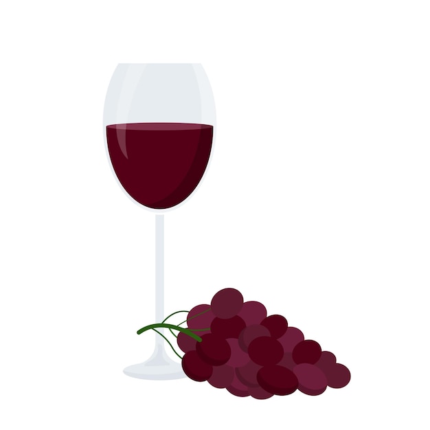 Bicchiere di vino rosso con uva. Illustrazione vettoriale isolato su sfondo bianco.