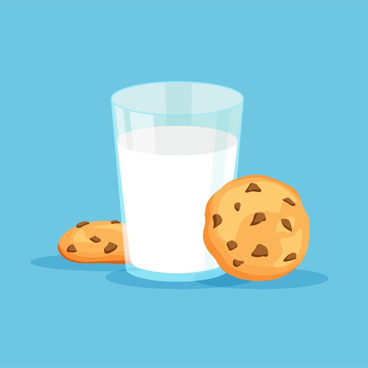 Bicchiere pieno di latte con i tradizionali biscotti con gocce di cioccolato. Illustrazione vettoriale isolata.
