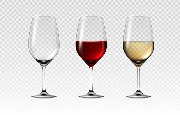 bicchieri con vino rosso e bianco bicchieri di vino trasparenti realistici bicchieri di alcol vuoti 3D bicchieri per servire bevande bicchieri di cristallo per bevande di uva bicchieri completi set isolato per cocktail vettoriale
