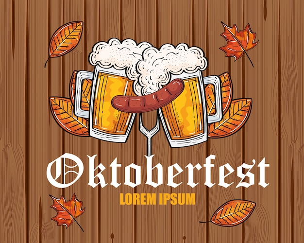 Bicchieri da birra e salsiccia sulla forcella con disegno di foglie, festival e celebrazione dell'Oktoberfest in Germania