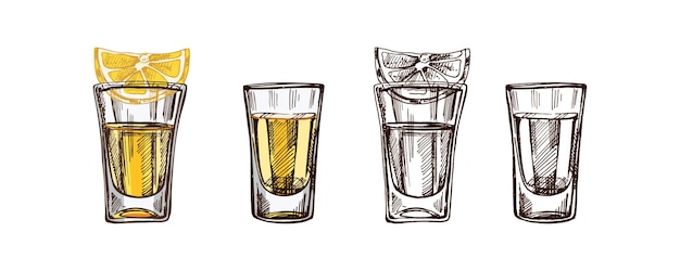 bicchieri da shot colorati e monocromatici disegnati a mano con tequila con una fetta di lime