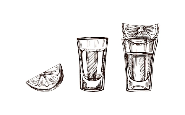 bicchieri da shot disegnati a mano con tequila con fette di lime per il menu di bar e ristoranti