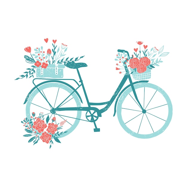 Bicicletta disegnata a mano, bici romantica con fiori, bici retrò per colazione con mazzi di fiori.