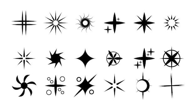Big Set Black Collection Star Icons Sparkles Vector Symbols Shine Elements