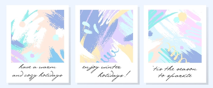 Vettore biglietti di auguri artistici unici con forme e trame disegnate a mano in tenui colori pastello. design alla moda perfetto per stampe, volantini, striscioni, inviti, offerte speciali e altro ancora. collage vettoriali.