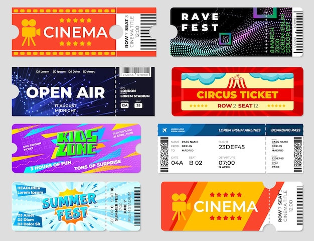 Biglietti di intrattenimento. Volantini per eventi cinematografici concerto, modello di biglietti d'invito per la festa del circo. Carta d'imbarco, carte d'ingresso insieme di vettore recente. Concerto e cinema, biglietto per eventi illustrazione all'aperto