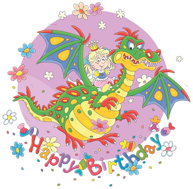 Biglietto d'auguri con una piccola principessa che vola su un buffo drago circondato da dolci e fiori