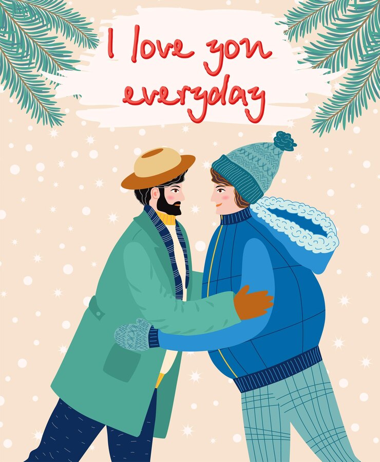 Vettore biglietto d'auguri piatto disegnato a mano per il giorno di san valentino coppia amorevole di giovani uomini gay donne lesbiche