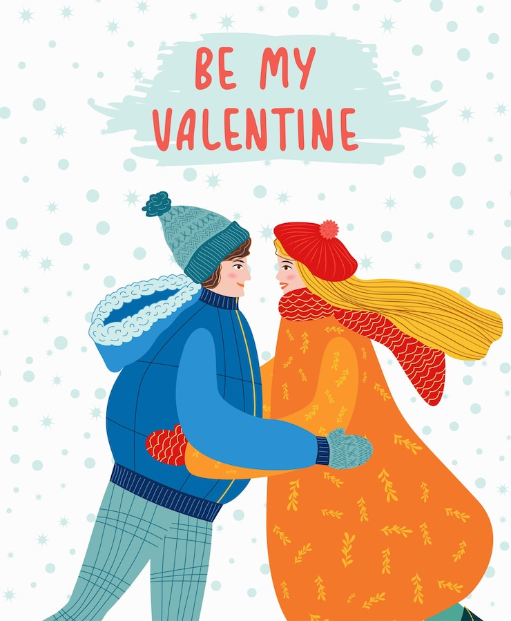 Vettore biglietto d'auguri piatto disegnato a mano per il giorno di san valentino coppia amorosa di giovane uomo e donna