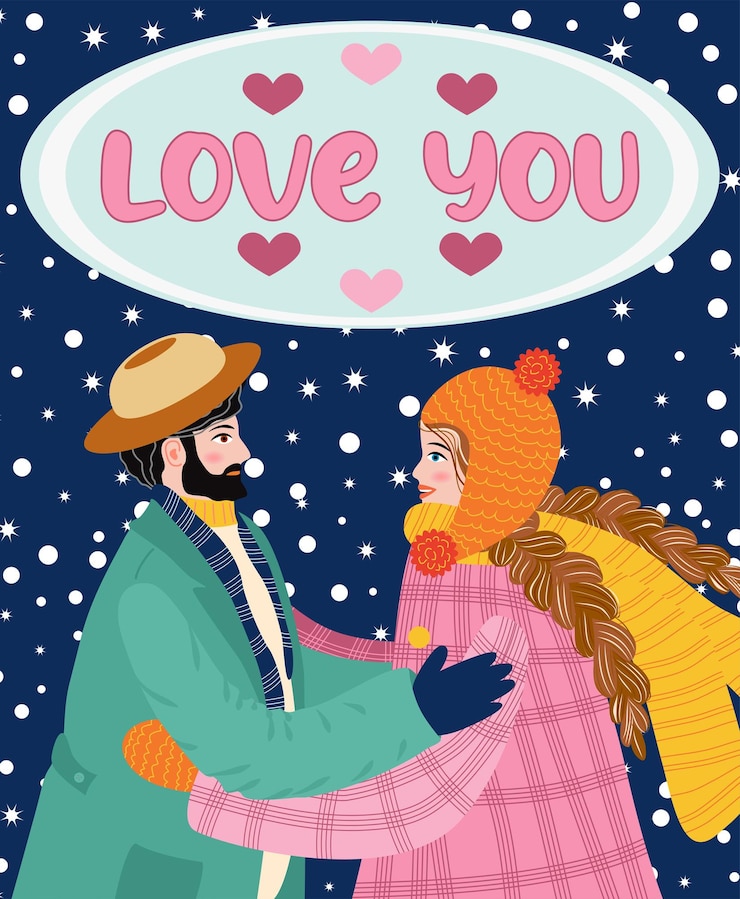 Vettore biglietto d'auguri piatto disegnato a mano per il giorno di san valentino coppia amorosa di giovane uomo e donna