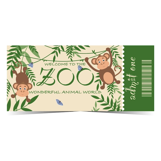 Biglietto d'ingresso allo zoo con scimmie sui rampicanti nella giungla Illustrazione vettoriale in stile piatto