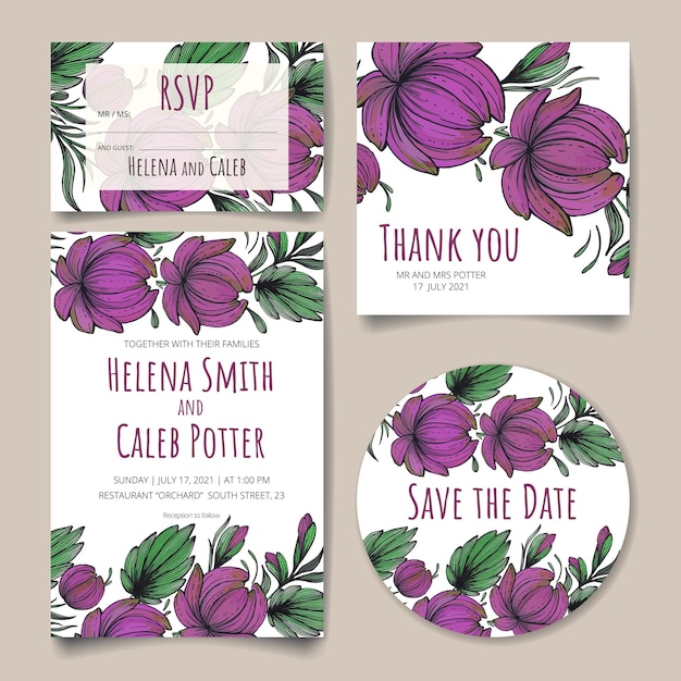 Biglietto d'invito a nozze salva la data card rsvp card biglietto di ringraziamento con fiori, foglie e rami