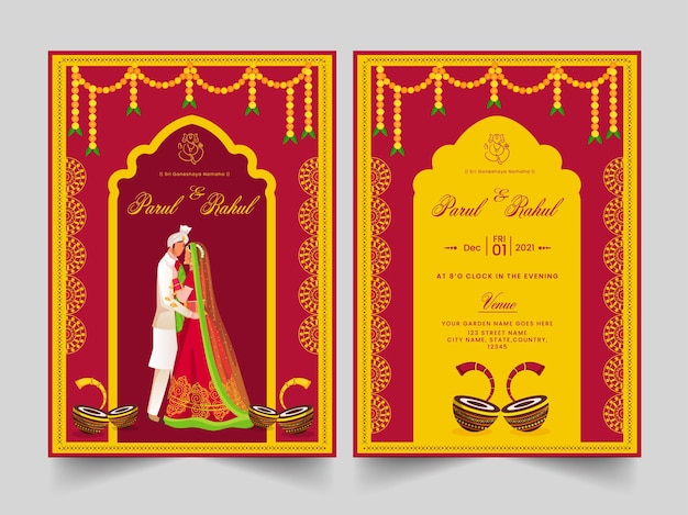 Biglietto d'invito per matrimonio indiano con dettagli dell'evento in colore rosso e giallo.