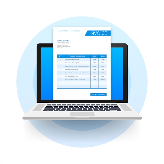 Biglietto da visita con fattura sul computer portatile. Concetto di servizio clienti. Pagamento online. Pagamento delle tasse. modello di fattura. illustrazione di riserva.