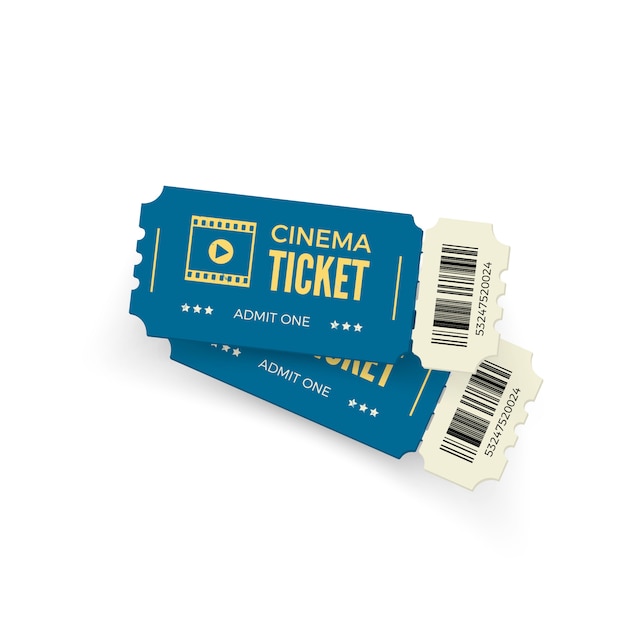 Biglietto del cinema. Biglietti del cinema blu su sfondo bianco. Modello di biglietto del cinema realistico. illustrazione