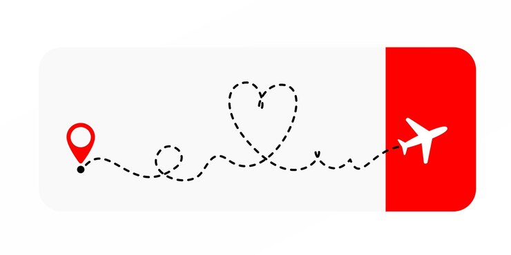 Biglietto dell'aereo aereo con l'illustrazione dell'icona di viaggio di amore a forma di cuore