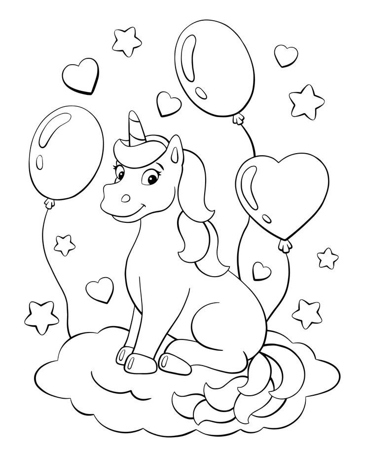 Biglietto di auguri a colori regalo L'unicorno si siede su una nuvola con palloncini Pagina del libro da colorare per bambini Tema di compleanno