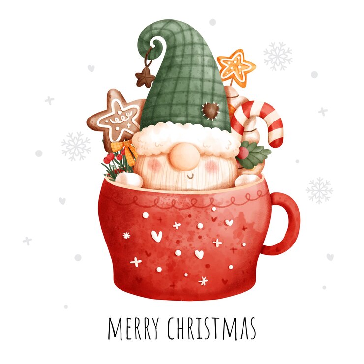 Biglietto di auguri ad acquerello con tazza da gnomo di Natale