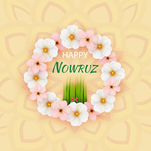 Biglietto di auguri con il modello di sfondo Novruz Bayram per le vacanze di Novruz Fiori primaverili uova dipinte e germogli di grano