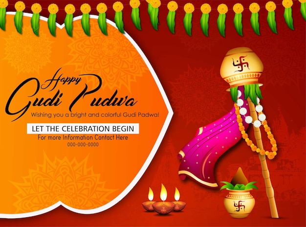 Biglietto di auguri con Kalash e tradizionale festa del Capodanno indiano Gudi Padwa Vector