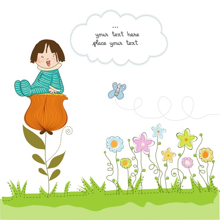 Vettore biglietto di auguri con un bambino seduto su un fiore